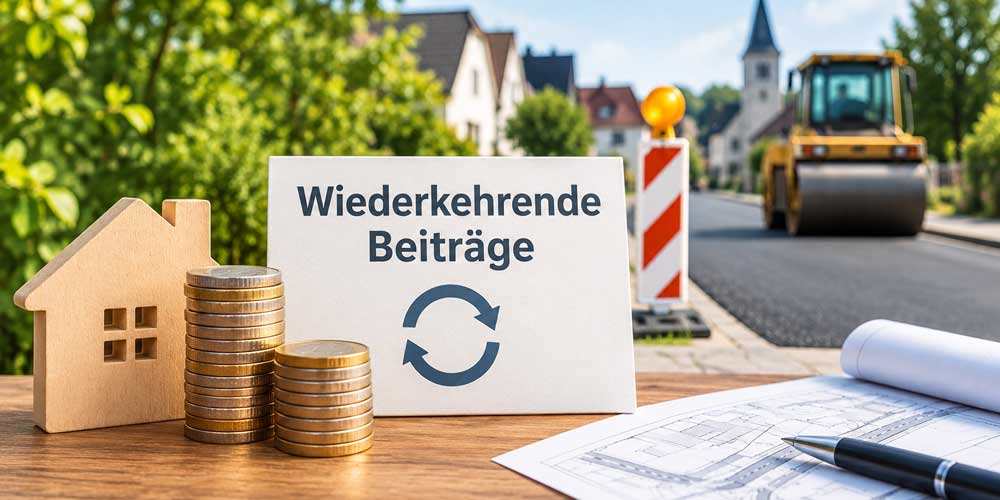Symbolbild für Wiederkehrende Beiträge - es zeigt eine Baustraße und Euromünzen